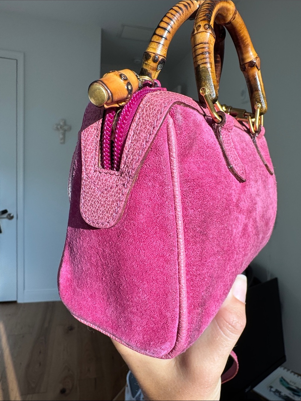 Gucci Vintage Bamboo Mini Top Handle Bag – Rare Fuchsia Pink Suede & Leather - Picture 5 of 13